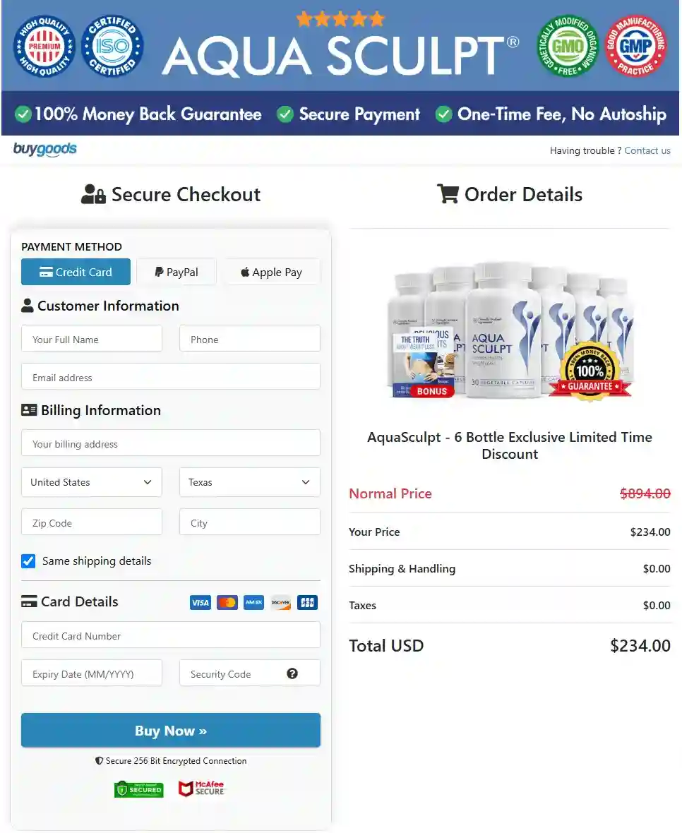 AquaSculpt secure checkout page